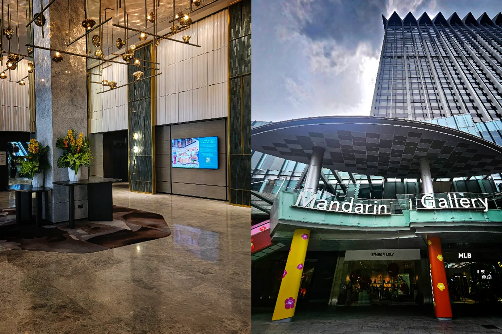 A side-by-side composite image, titled "2-Somerset Food The Ultimate Guide.webp", features a luxurious hotel interior on the left and a modern commercial building exterior on the right. The left side shows a spacious, high-ceilinged lobby with polished marble floors, an abstract-patterned rug, sophisticated geometric pendant lighting fixtures hanging from above, and large floral arrangements flanking a prominent pillar. The right side displays a low-angle view of the exterior entrance to the Mandarin Gallery shopping mall under a cloudy sky, showcasing a distinctive curved glass awning supported by pillars decorated with floral motifs, with storefront signs for "Bimba Y Lola" and "MLB" visible beneath a looming dark skyscraper.