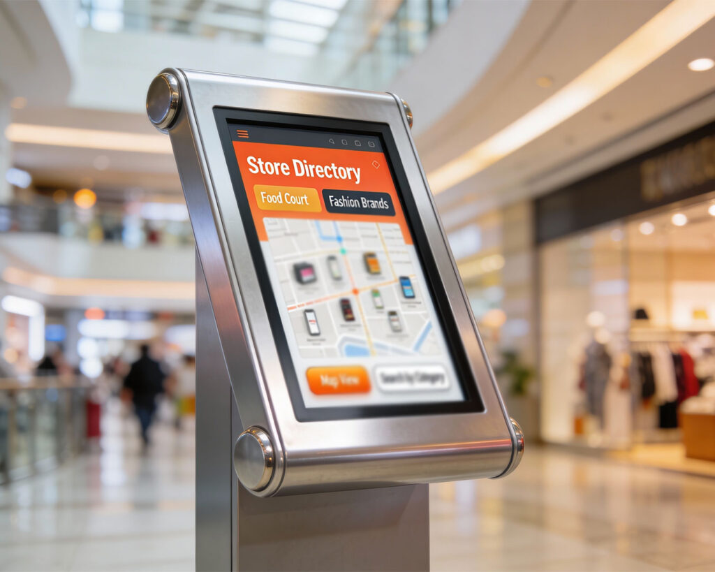 Interactive digital information screen inside a shopping mall, displaying directories and store listings while shoppers navigate and browse nearby