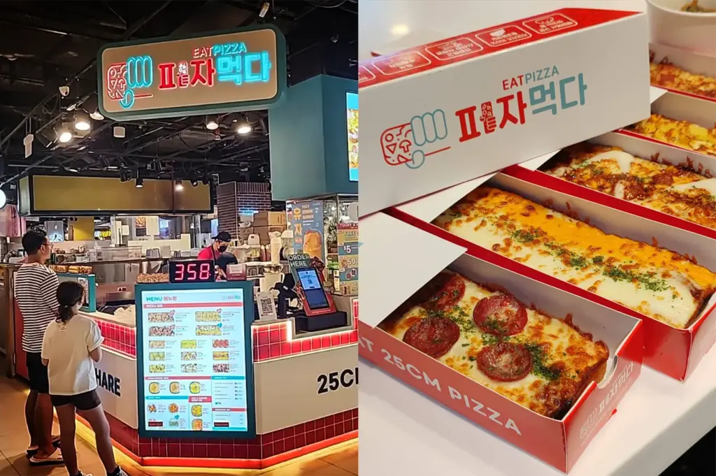 A split image highlights an "Eat Pizza" food kiosk with illuminated signage and a menu board on the left. On the right, individual rectangular pizza slices with melted cheese and pepperoni toppings are displayed in open, branded red-and-white takeaway boxes.