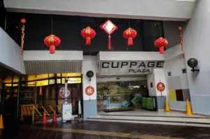 An eye-level, medium shot captures the concrete entrance to the "CUPPAGE PLAZA" commercial building, representing the file "1-Discover Cuppage Plaza Food.webp". The building features prominent block letters spelling out its name above a set of glass sliding doors, which are decorated with colorful ocean wave and fish illustrations. Festooned with Chinese New Year decorations, several large red paper lanterns with gold calligraphy and tassels hang from the overhead overhang, complemented by circular red cutout banners on the adjacent pillars. To the left, a dimly lit driveway or walkway leads past a yellow sign for a restaurant named "Shinjuku," while orange and yellow traffic cones line the tiled ground.
