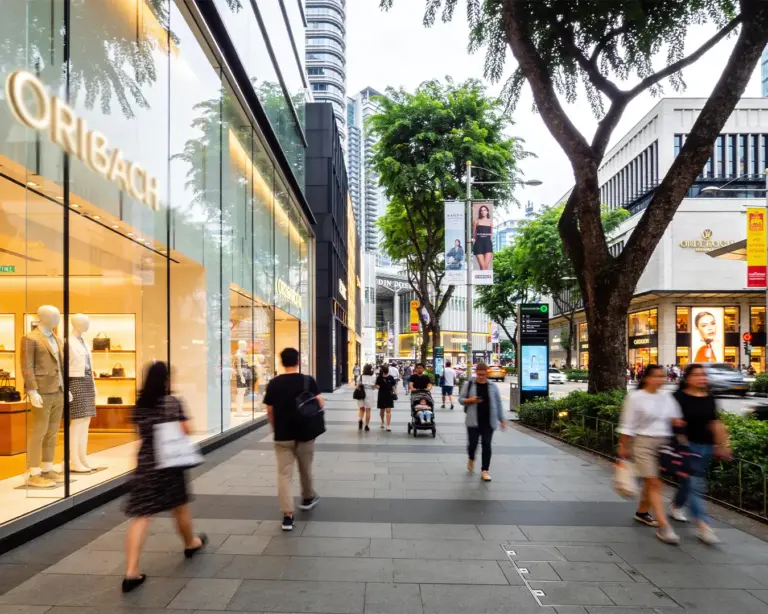 A bustling city sidewalk with people walking past a large store window displaying mannequins. Trees line the path, and buildings are lit in the background.