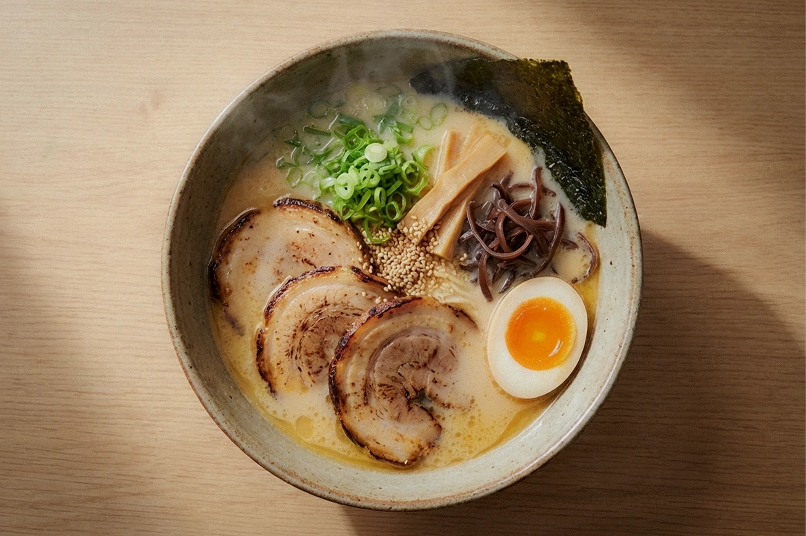 Top-down view of tonkotsu ramen featuring chashu pork slices, soft-boiled egg, spring onions, nori seaweed, and vegetables in a rich creamy pork bone broth. Japanese ramen bowl, restaurant food photography, high detail, appetizing close-up.