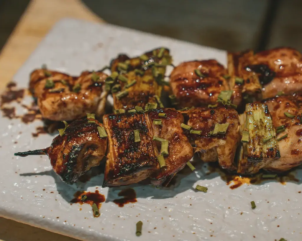 Grilled chicken skewers garnished with chopped herbs on a ceramic plate. The meat is glazed, creating a savory and appetizing appearance.