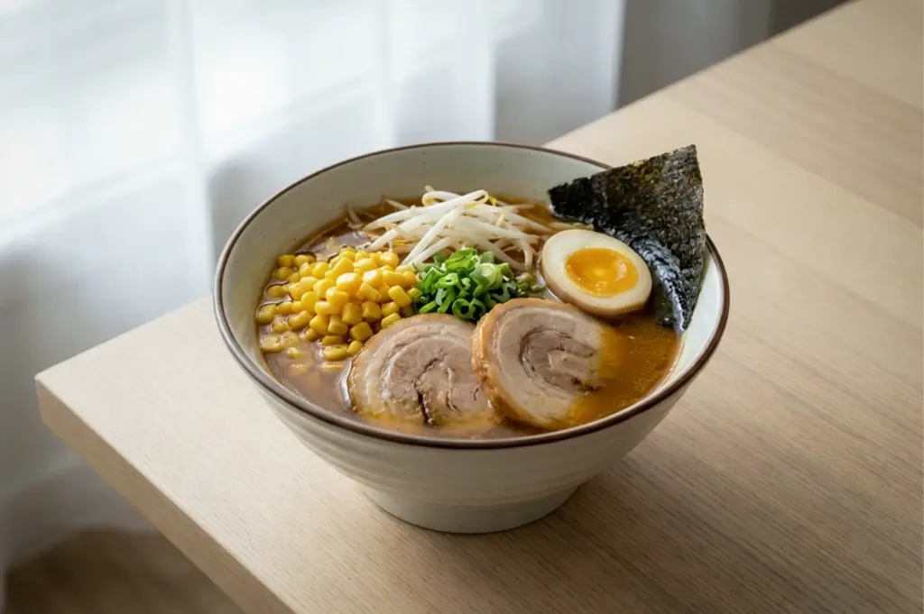 Three-quarter view of miso ramen in a Japanese bowl featuring chashu pork slices, corn, spring onions, bean sprouts, soft-boiled egg, and nori seaweed, served in rich miso broth on a clean smooth wooden surface, styled food photography.