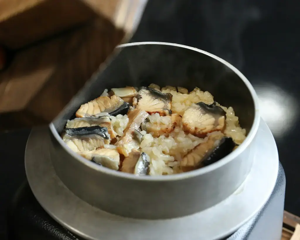 Steaming rice with sliced fish in a metal pot, partially covered by a wooden lid. The dish emits warmth, suggesting a freshly cooked, comforting meal.