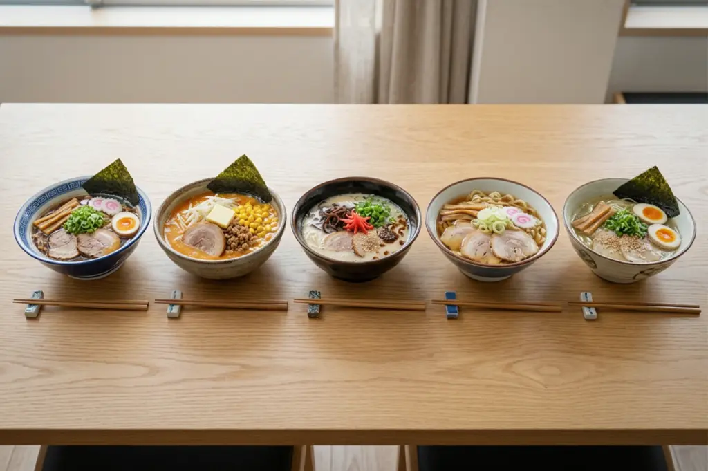 Tabletop view of four ramen bowls symmetrically arranged on a clean wooden table: shoyu, tonkotsu, Kitakata, and shio ramen, styled in a minimalist setting with neat composition and high-detail food photography.
