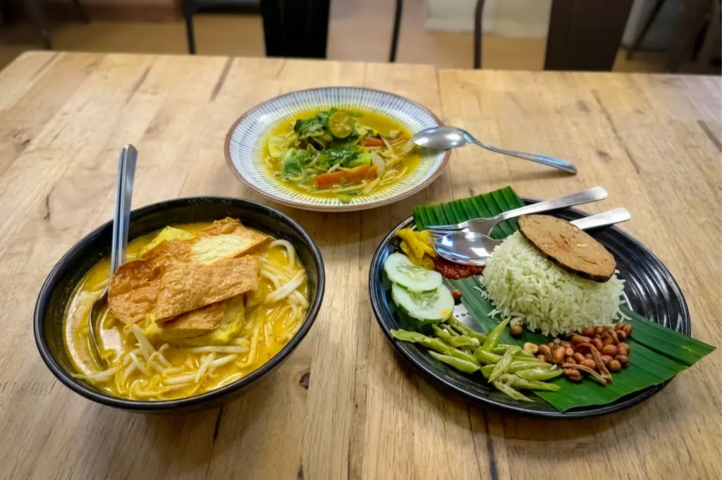 Indian vegetarian curry noodles, rice set, and vegetable curry dishes served at Seva Cafe Singapore