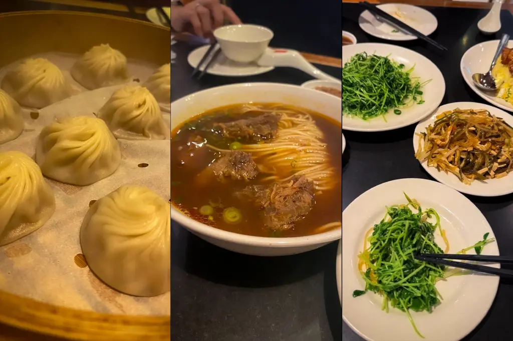 Collage of signature Din Tai Fung dishes featuring steamed xiao long bao soup dumplings, spicy beef noodle soup, sautéed greens, fried rice pork chop, and Taiwanese side dishes served at Din Tai Fung Singapore