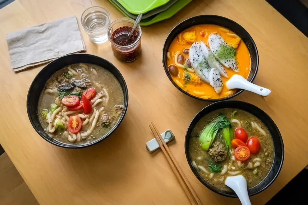 Plant-based noodle bowls at Tracy Juice Culture Singapore featuring vegetable broths, fresh toppings, and vibrant ingredients on a wooden table
