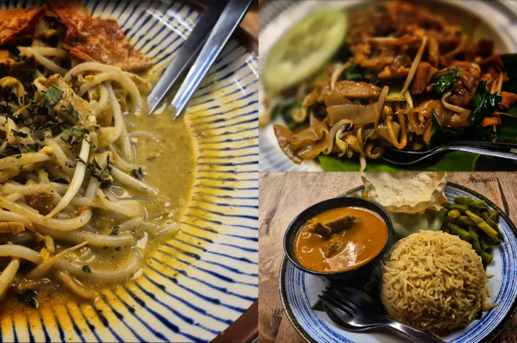 A collage of three dishes served on rustic wooden tables: a close-up of creamy noodle soup topped with herbs and crispy tofu on the left, stir-fried noodles with vegetables and mushrooms in the top right, and a plate of curry with rice, vegetables, and crispy crackers in the bottom right. The dishes are presented in patterned bowls and plates, creating a warm and flavorful dining spread.