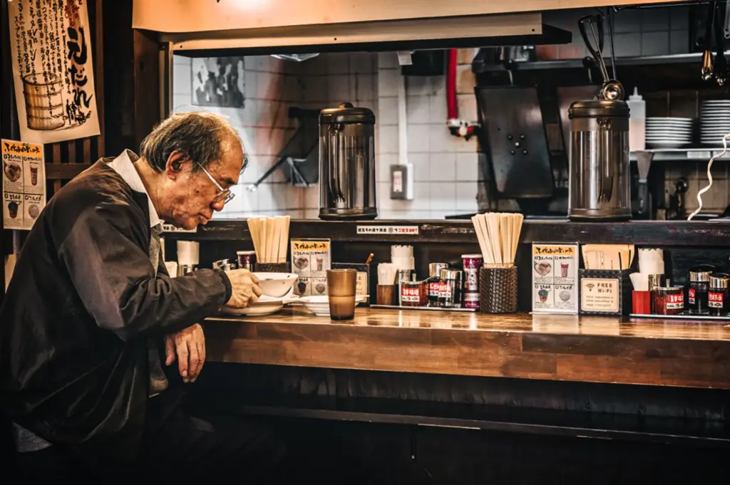 An eye-level, medium shot captures an elderly man with glasses dining alone at a wooden counter inside a traditional, atmospheric Japanese noodle shop, representing the file "3-Soup Curry The Bowl That Rewards You.webp". Sitting in profile facing right, the man leans forward over his white porcelain bowl, holding a spoon as he quietly enjoys his meal. The long wooden counter is meticulously organized with multiple pairs of chopsticks standing in holders, small condiment jars, napkin dispensers, small menus, and a single brown glass of water. Behind the counter, a wide pass-through window reveals a dimly lit commercial kitchen with tiled walls, large stainless steel water pitchers, and stacked white bowls, capturing an authentic, serene moment of everyday urban life.
