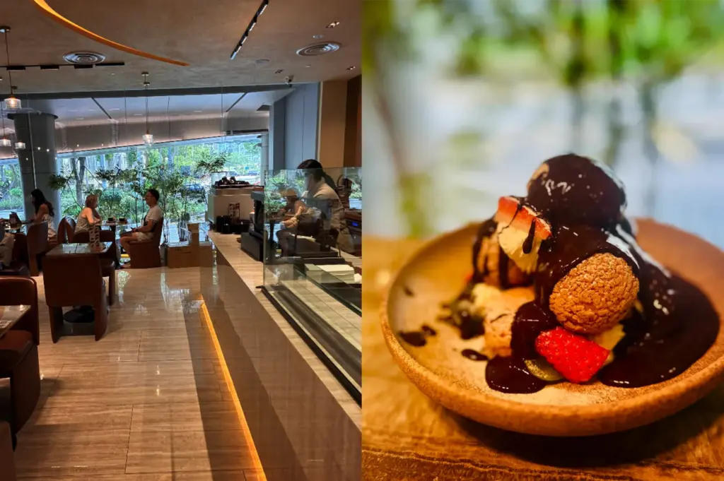 A side-by-side split composition captures a sunlit upscale cafe interior and a close-up of an indulgent dessert creation, representing the file "4-The Five Best Dessert Shops in Orchard.webp". The left panel shows an eye-level view of a modern, sophisticated cafe dining room featuring polished tile floors, a long marble service counter with glass display shields, and patrons seated at leather chairs by large floor-to-ceiling windows that look out onto a lush green garden. The right panel shifts to a tight, shallow depth-of-field shot of a dessert bowl filled with crisp choux pastry profiteroles and fresh sliced strawberries, all generously drizzled with a rich, glossy dark chocolate sauce against a softly blurred, bright green background.