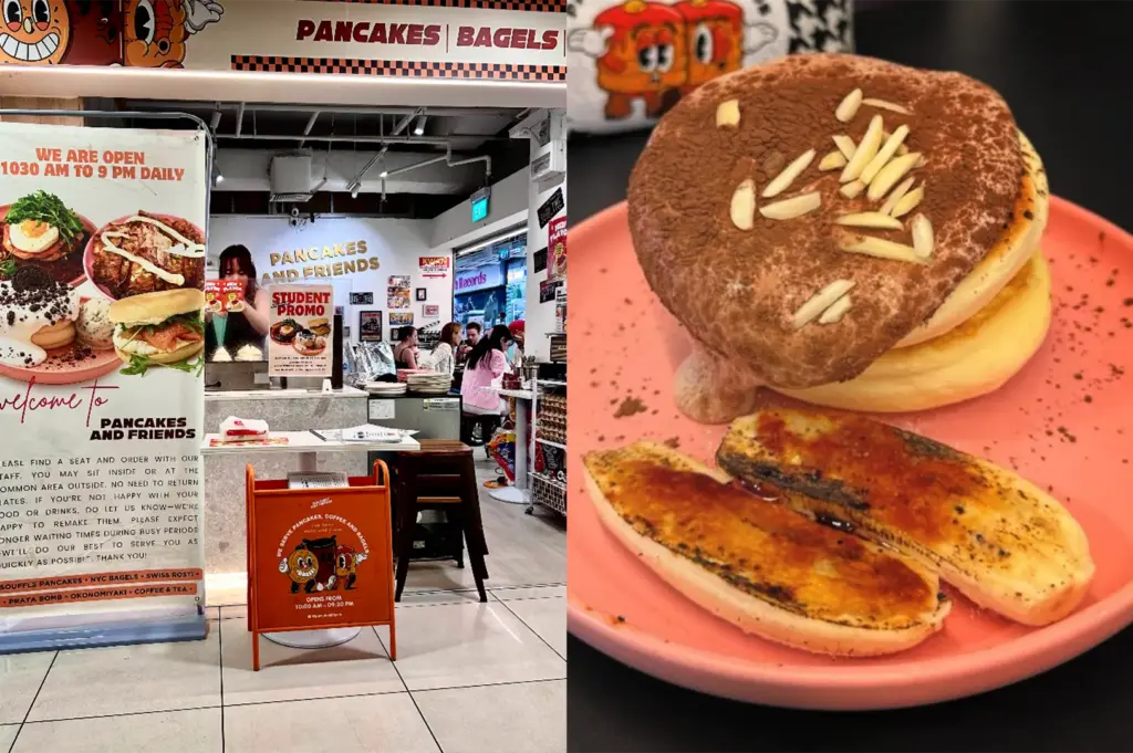 A side-by-side split composition captures the cheerful entrance of a casual cafe and a close-up of its signature sweet dish, representing the file "6-The Five Best Dessert Shops in Orchard.webp". The left panel shows an eye-level view of the open storefront for "Pancakes and Friends," featuring cartoon illustrations on a retro orange sign, a large promotional banner detailing operating hours, and a peek into the bright interior where staff work at the counter and patrons dine at small tables. The right panel shifts to a tight, high-angle shot of a thick, fluffy soufflé pancake served on a pastel pink plate, dusted generously with cocoa powder and slivered almonds, accompanied by two caramelized, brûléed banana halves resting in the foreground.