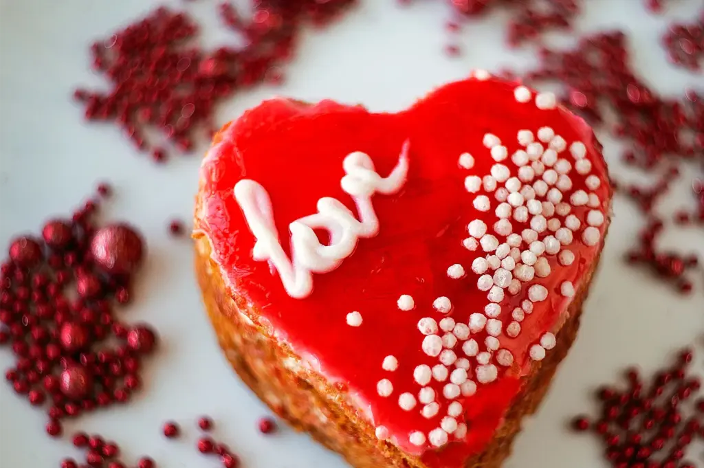 A high-angle, close-up shot features a heart-shaped mini cake coated in a glossy red glaze with the word "Love" piped in white icing across the top. Small white decorative pearls accent one side of the pastry, surrounded by a light-colored surface scattered with tiny red beads.