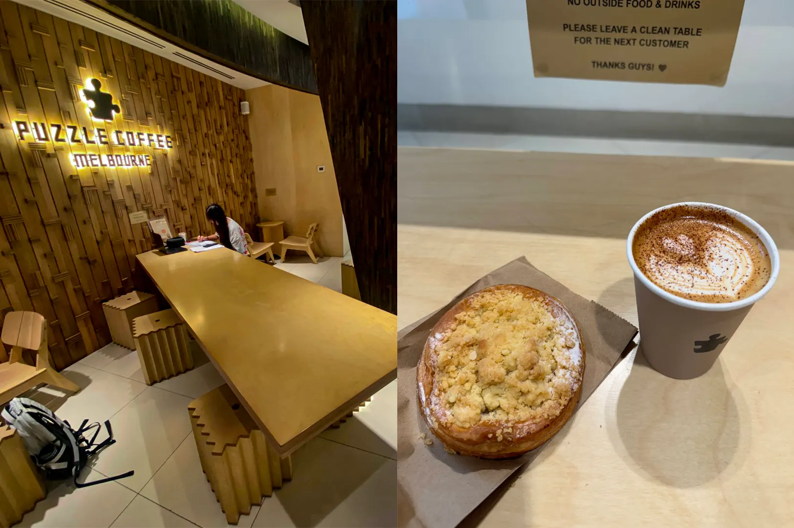A split image features the interior of Puzzle Coffee Melbourne on the left, showing a long wooden table with geometric wooden stools set against a slatted wood wall sign. On the right, a close-up shows a cappuccino with cocoa powder art next to a crumb-topped pastry on a brown paper wrapper.